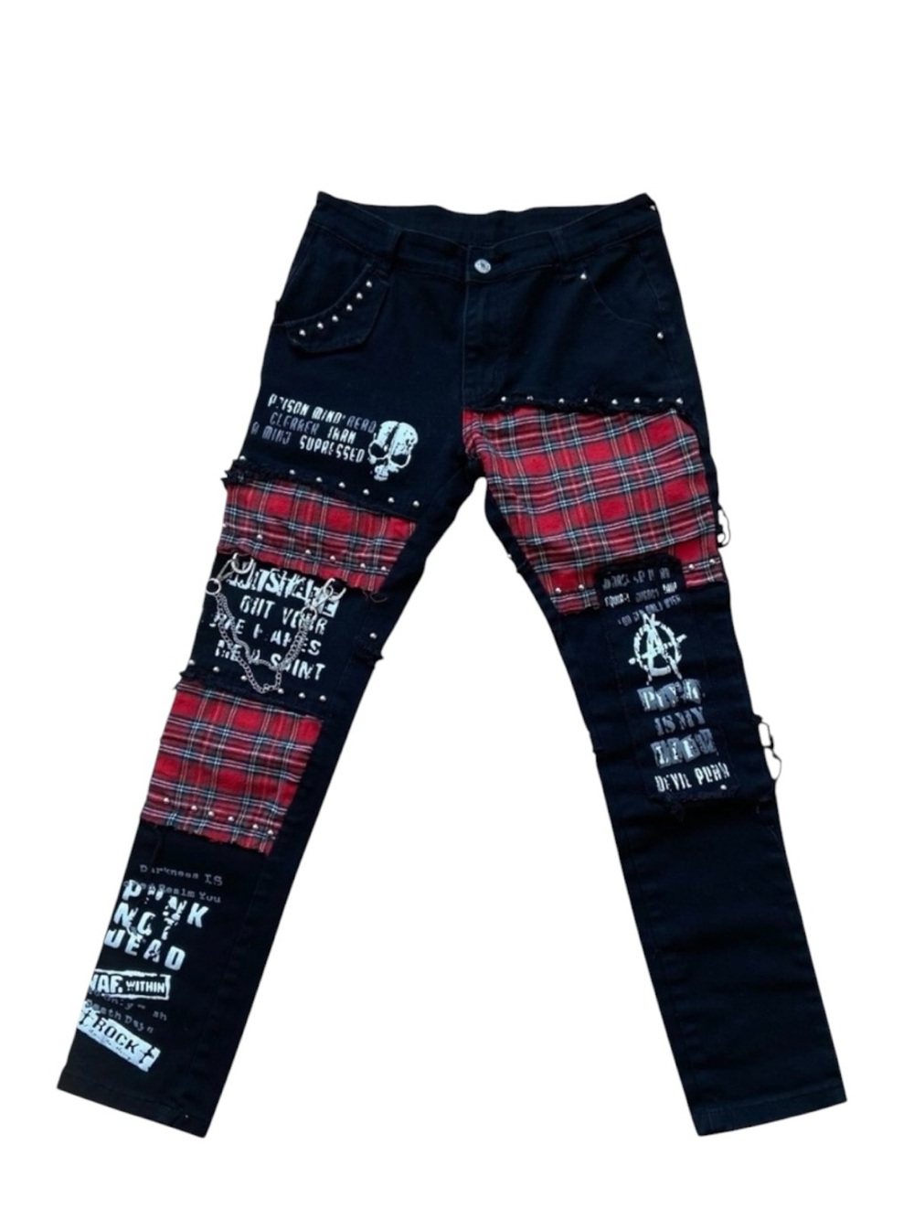 Anarchy black patchwork denim men jeans pants red plaid beaded skulls chains 32